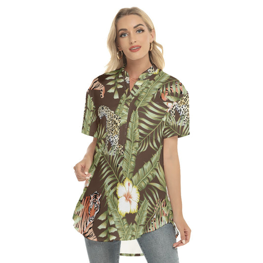 Tropical  Women's Stand-up Collar Shirt With Open Button