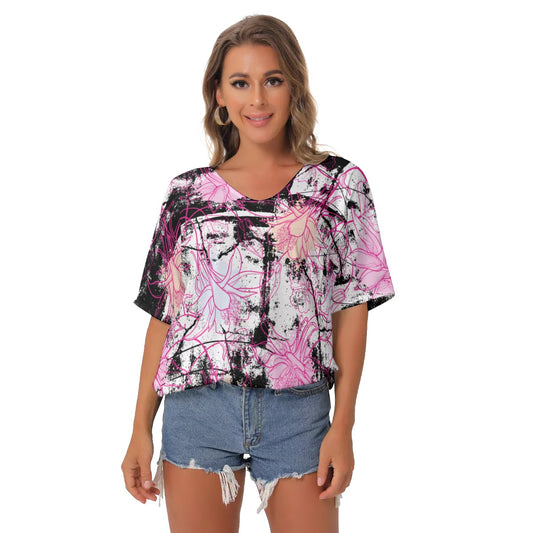 Pink floral abstract All-Over Print Women's Bat Sleeves V-Neck Blouse