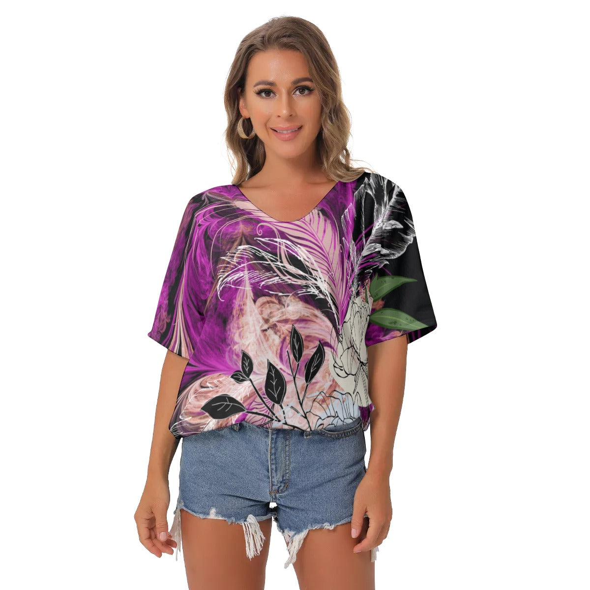 Purple floral All-Over Print Women's Bat Sleeves V-Neck Blouse