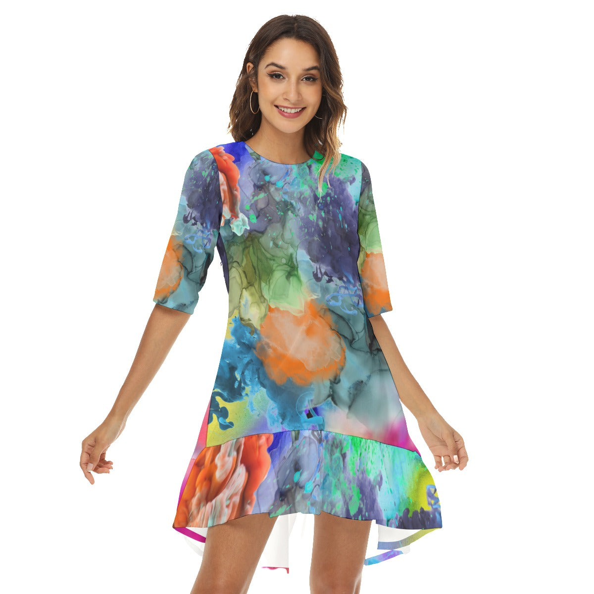 Galaxy watercolor Half Sleeve Dress With Ruffle Hem