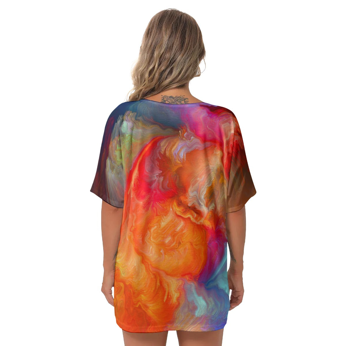 Orange multi color All-Over Print Women's Bat Sleeves V-Neck Blouse