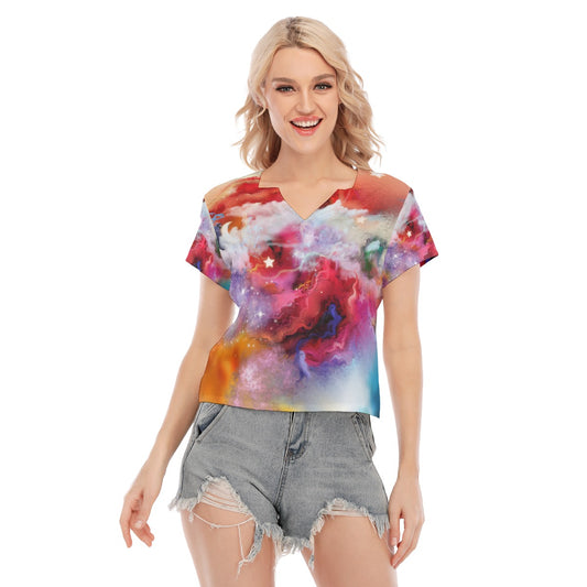 Galaxy All-Over Print Women's Stretch V-Neck Short-Sleeved Blouse