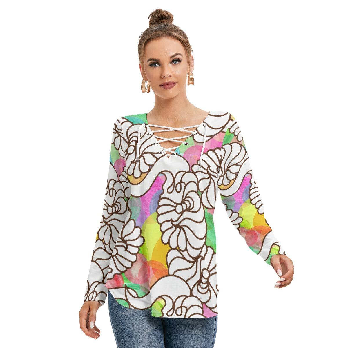 Color bubbles and shapes All-Over Print Women's Long Sleeve Neckline Tie shirt