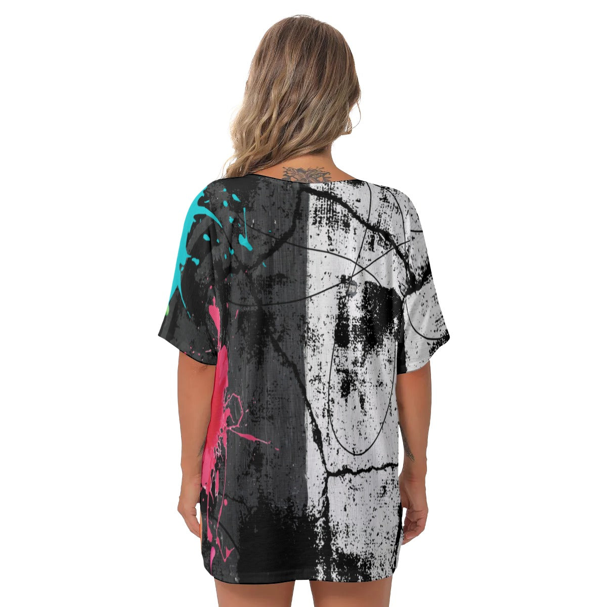 Black and white color splash All-Over Print Women's Bat Sleeves V-Neck Blouse