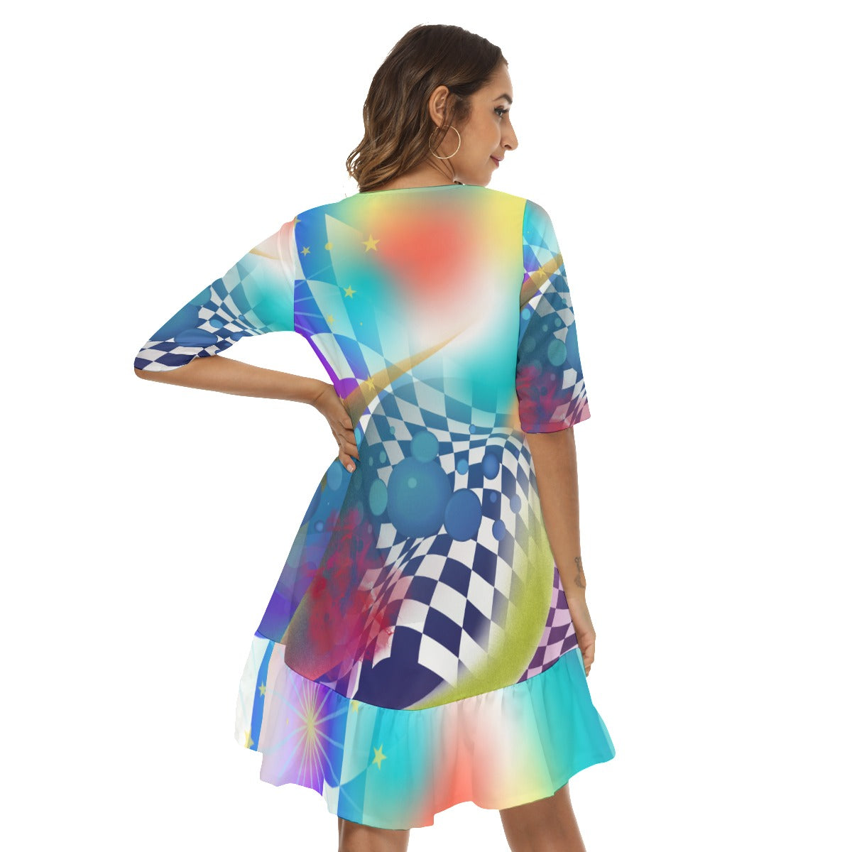 Color abstract  Women's Half Sleeve Dress With Ruffle Hem