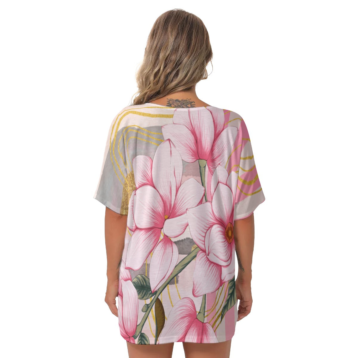 Pink magnolia All-Over Print Women's Bat Sleeves V-Neck Blouse