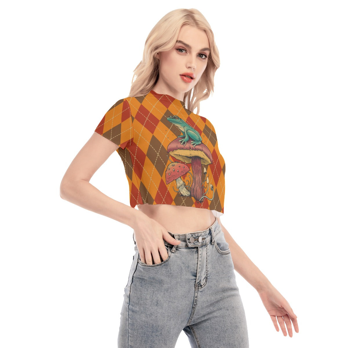 Mushroom and frog  Women's Short Sleeves Mesh Crop Top