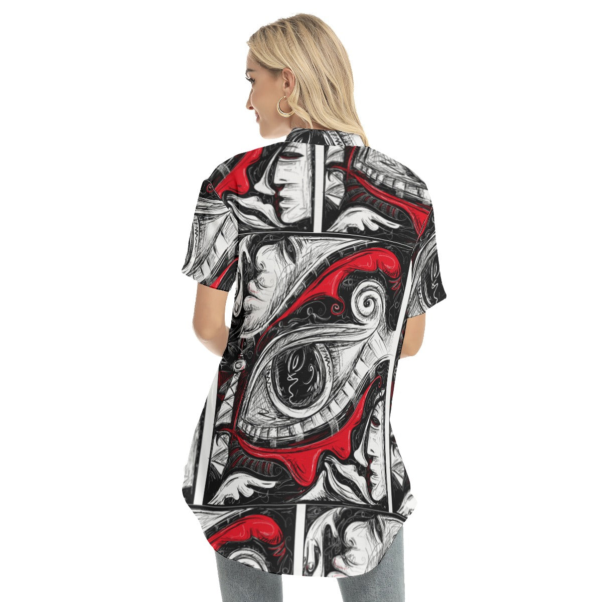 Abstract  Women's Stand-up Collar Shirt With Open Button