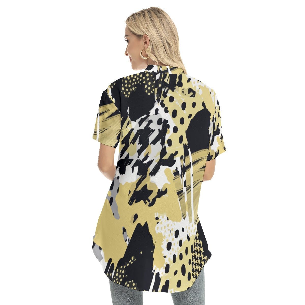 Abstract  Women's Stand-up Collar Shirt With Open Button