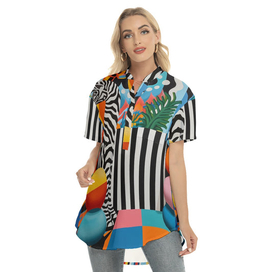 Abstract Women's Stand-up Collar Shirt With Open Button