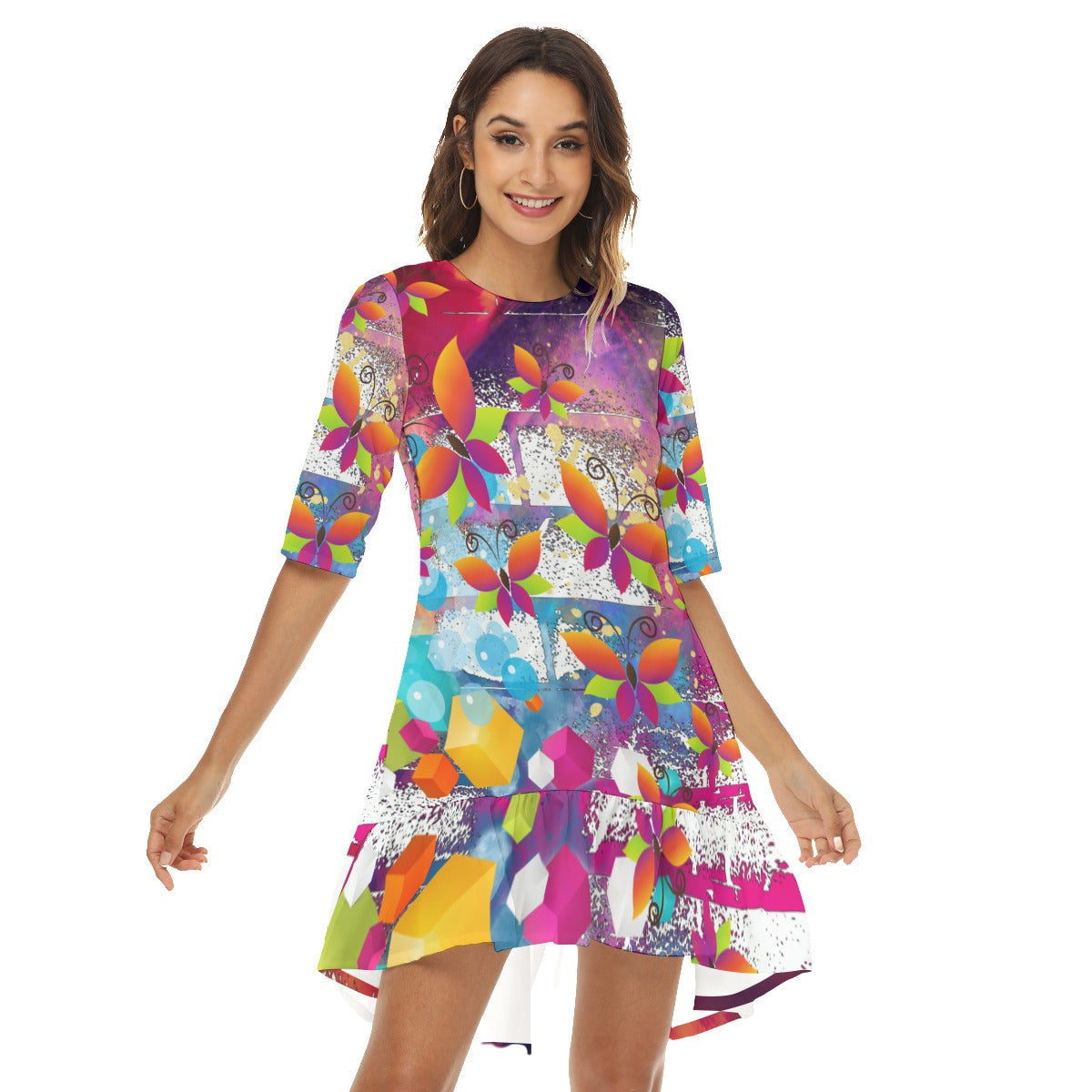 Butterfly madness Half Sleeve Dress With Ruffle Hem