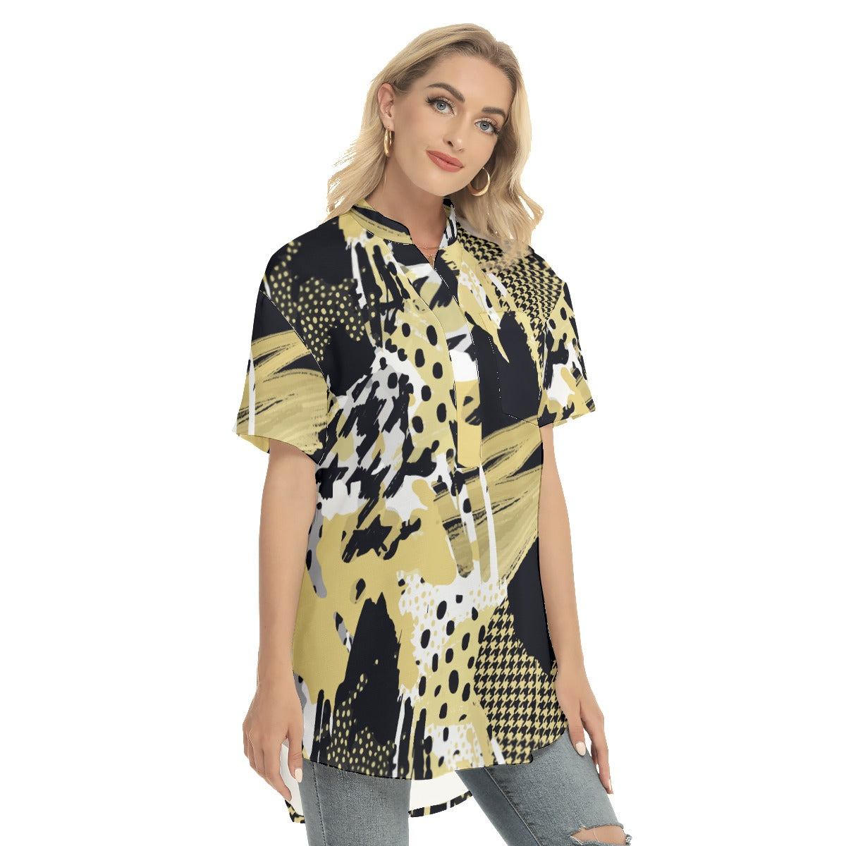 Abstract  Women's Stand-up Collar Shirt With Open Button