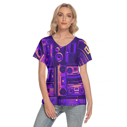 Purple cassette  Women's Deep V-neck Short Sleeve T-shirt