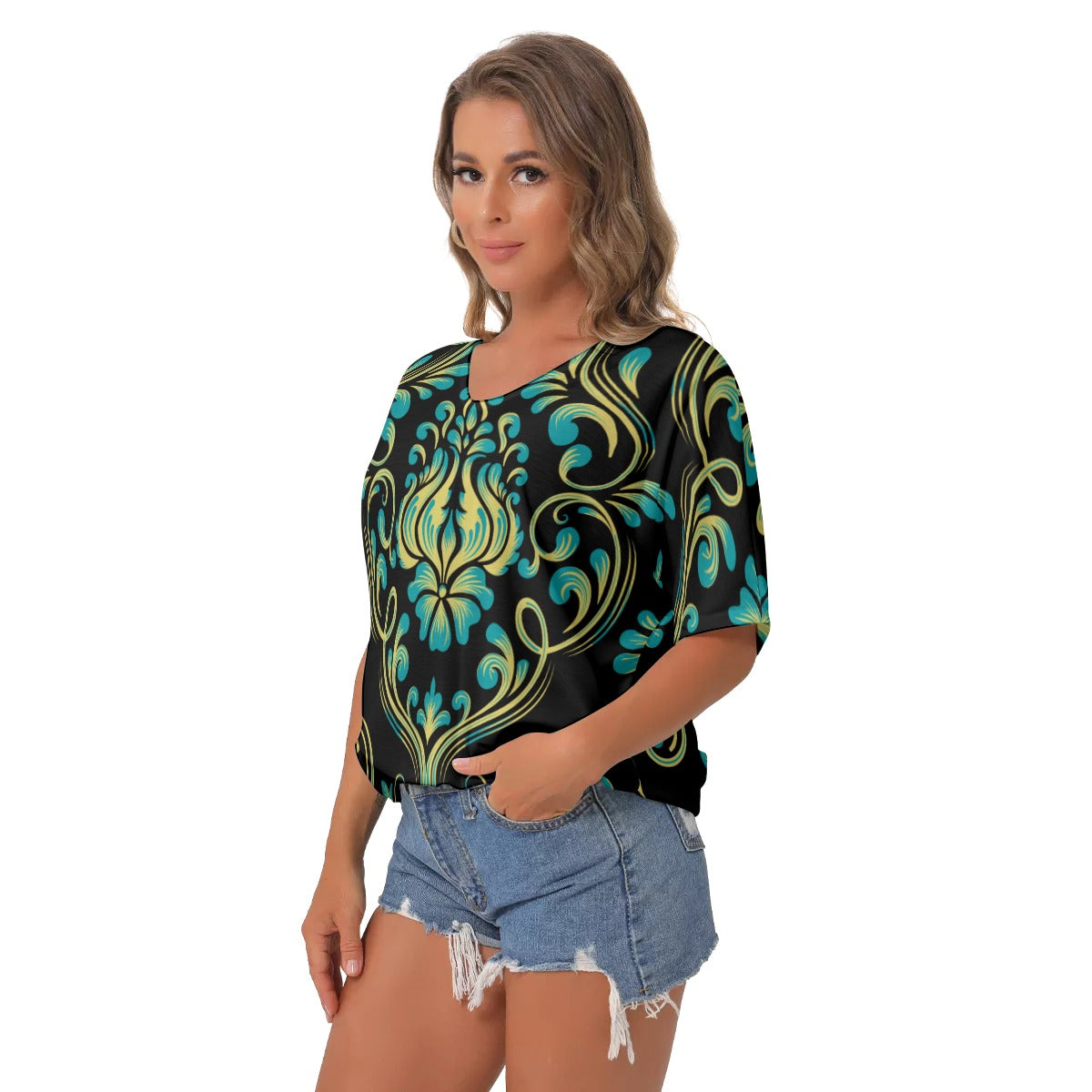 Black and teal baroque All-Over Print Women's Bat Sleeves V-Neck Blouse