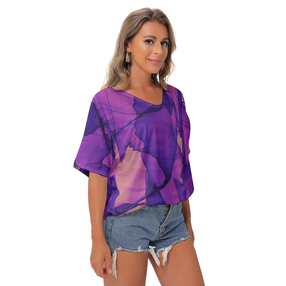 Purple abstract All-Over Print Women's Bat Sleeves V-Neck Blouse