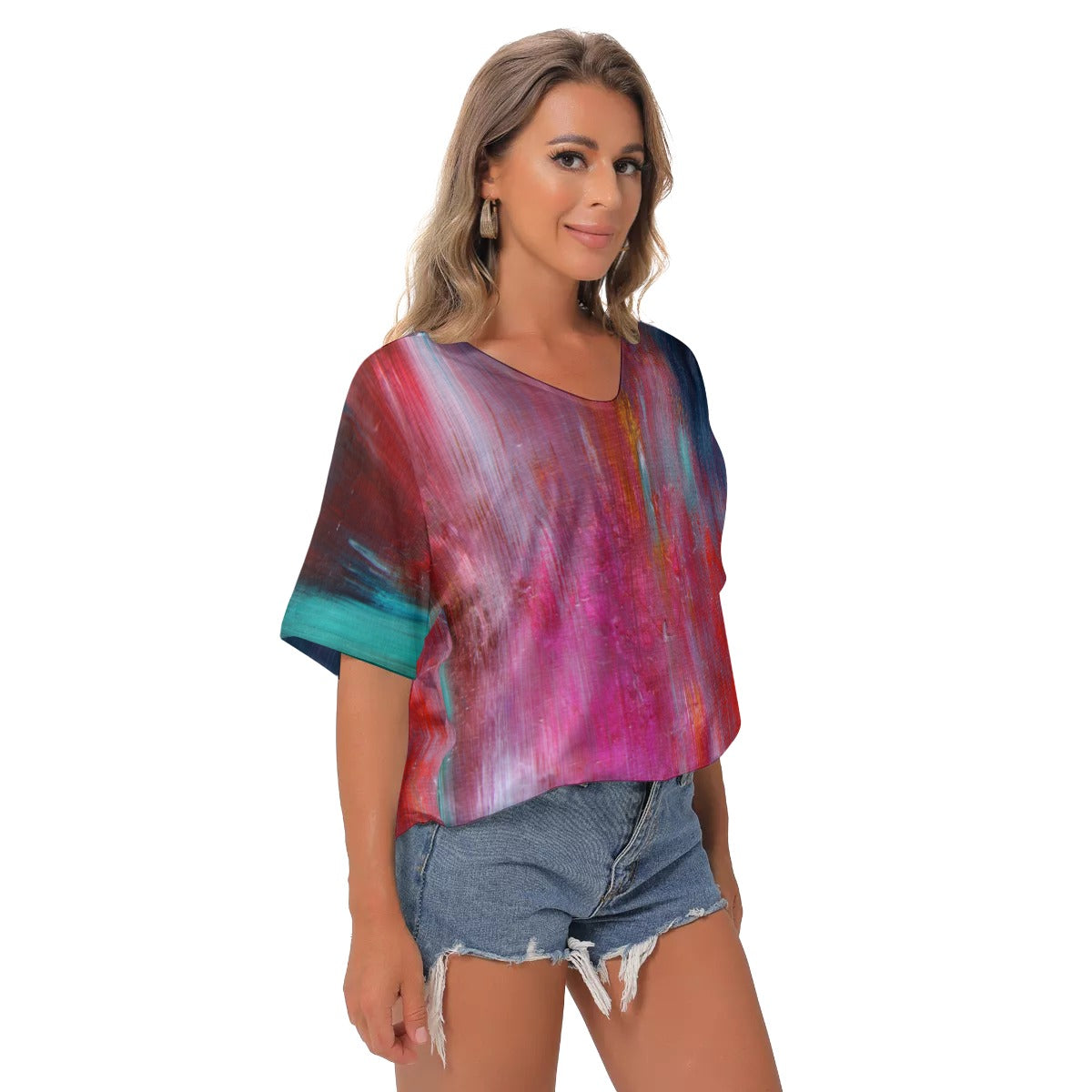 Pink tones abstract All-Over Print Women's Bat Sleeves V-Neck Blouse