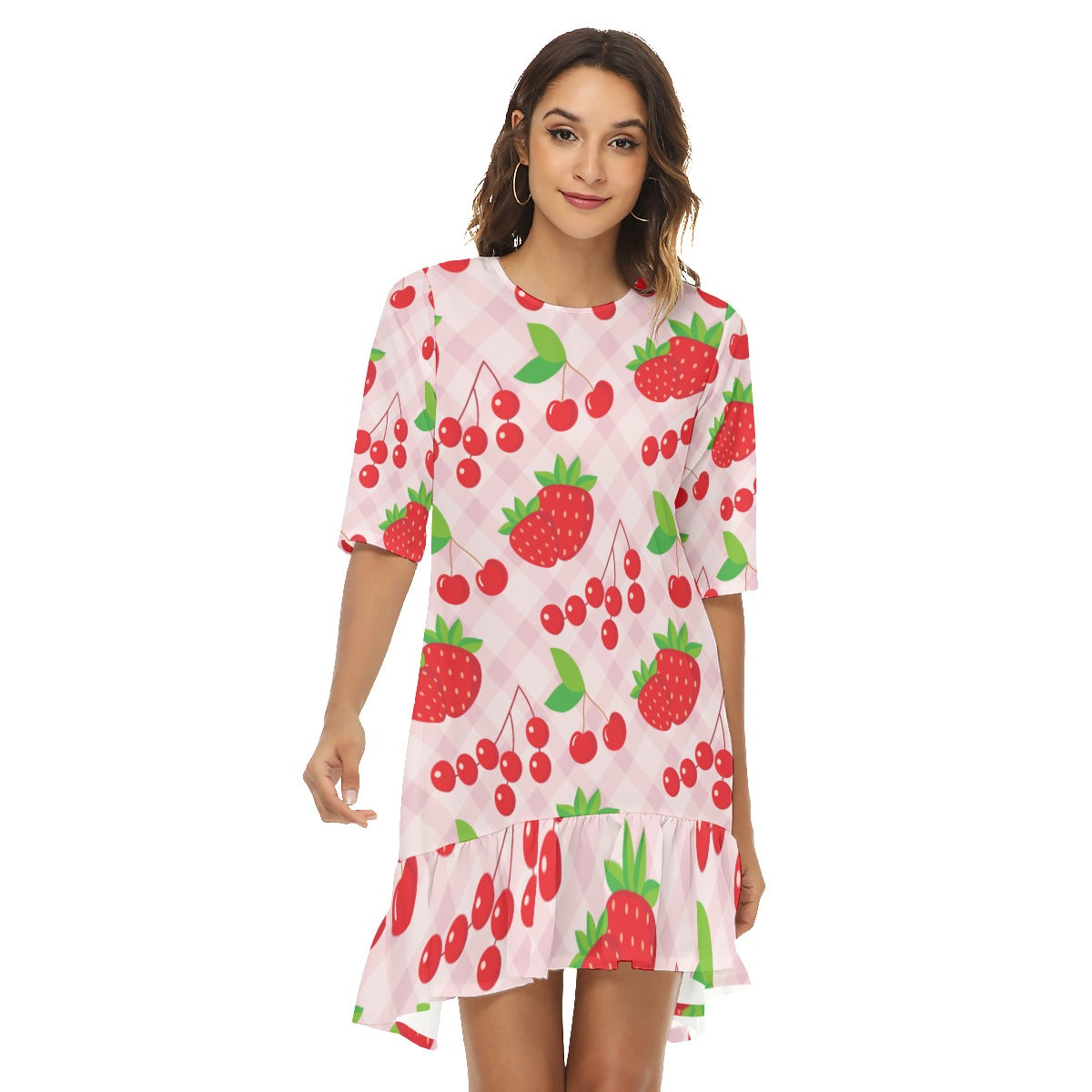 Strawberry and cherry Women's Half Sleeve Dress With Ruffle Hem