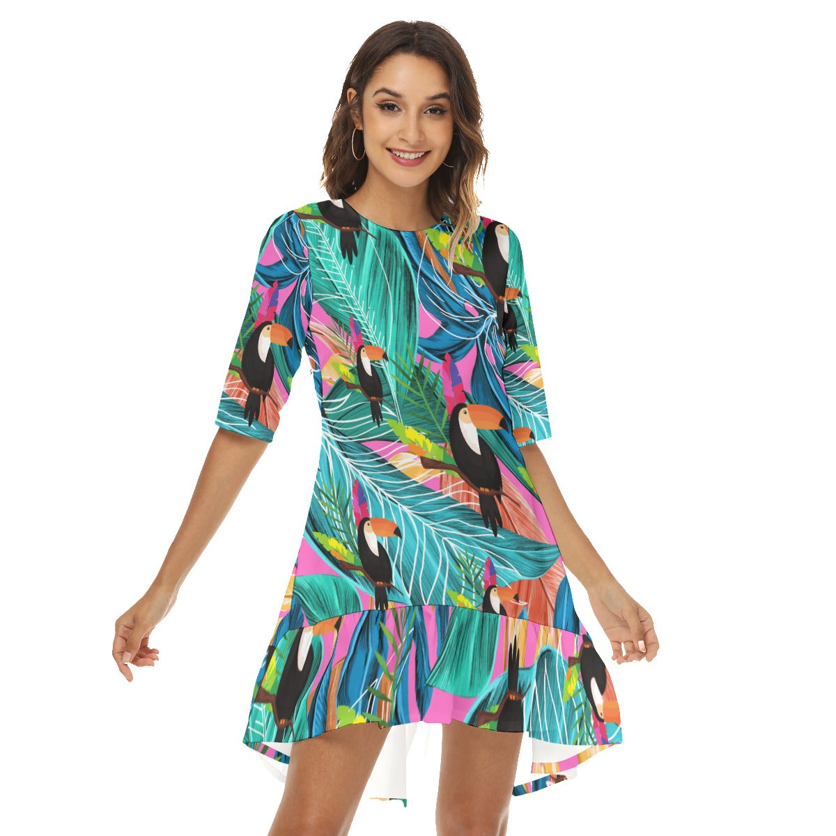 Tropical  Women's Half Sleeve Dress With Ruffle Hem