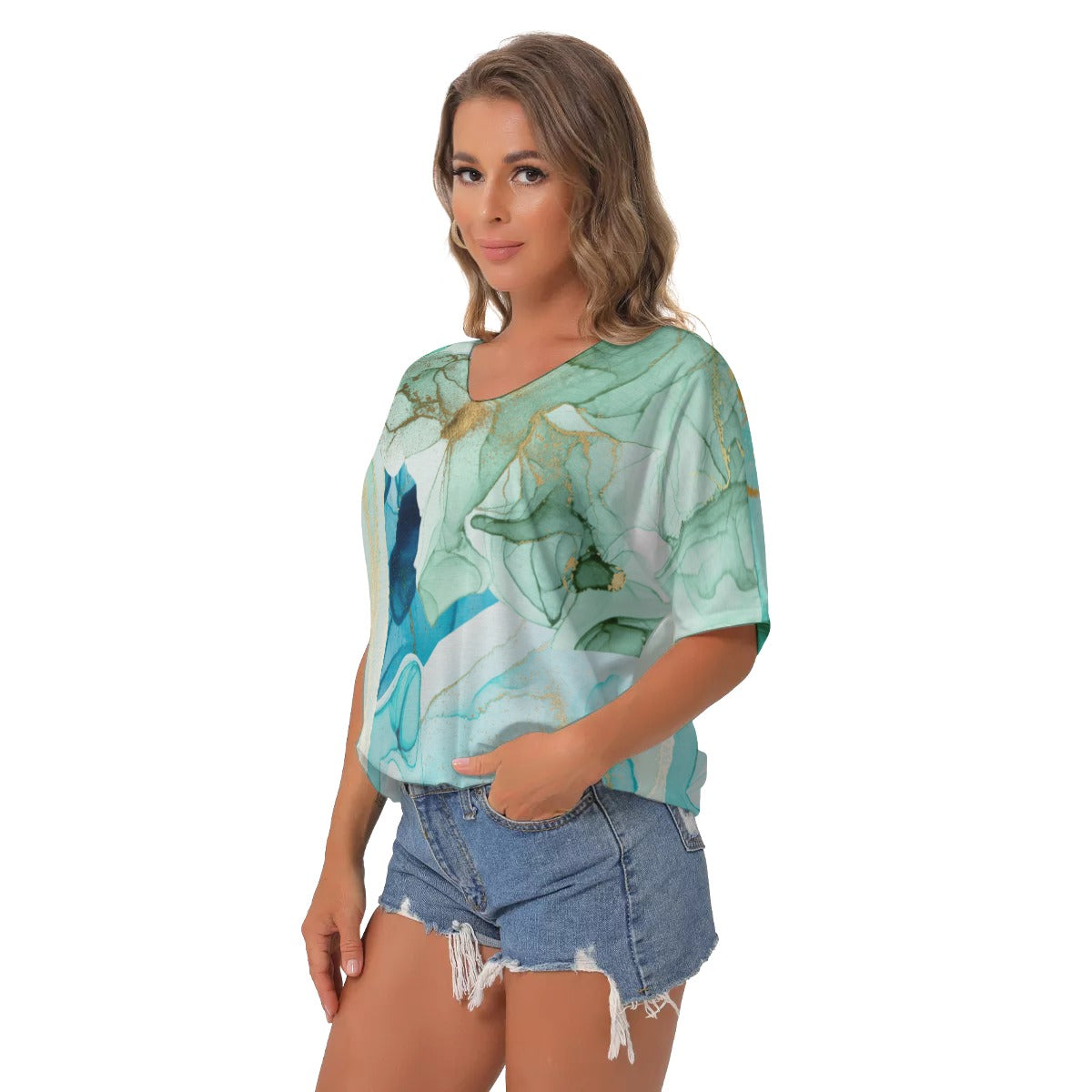 Green abstract All-Over Print Women's Bat Sleeves V-Neck Blouse