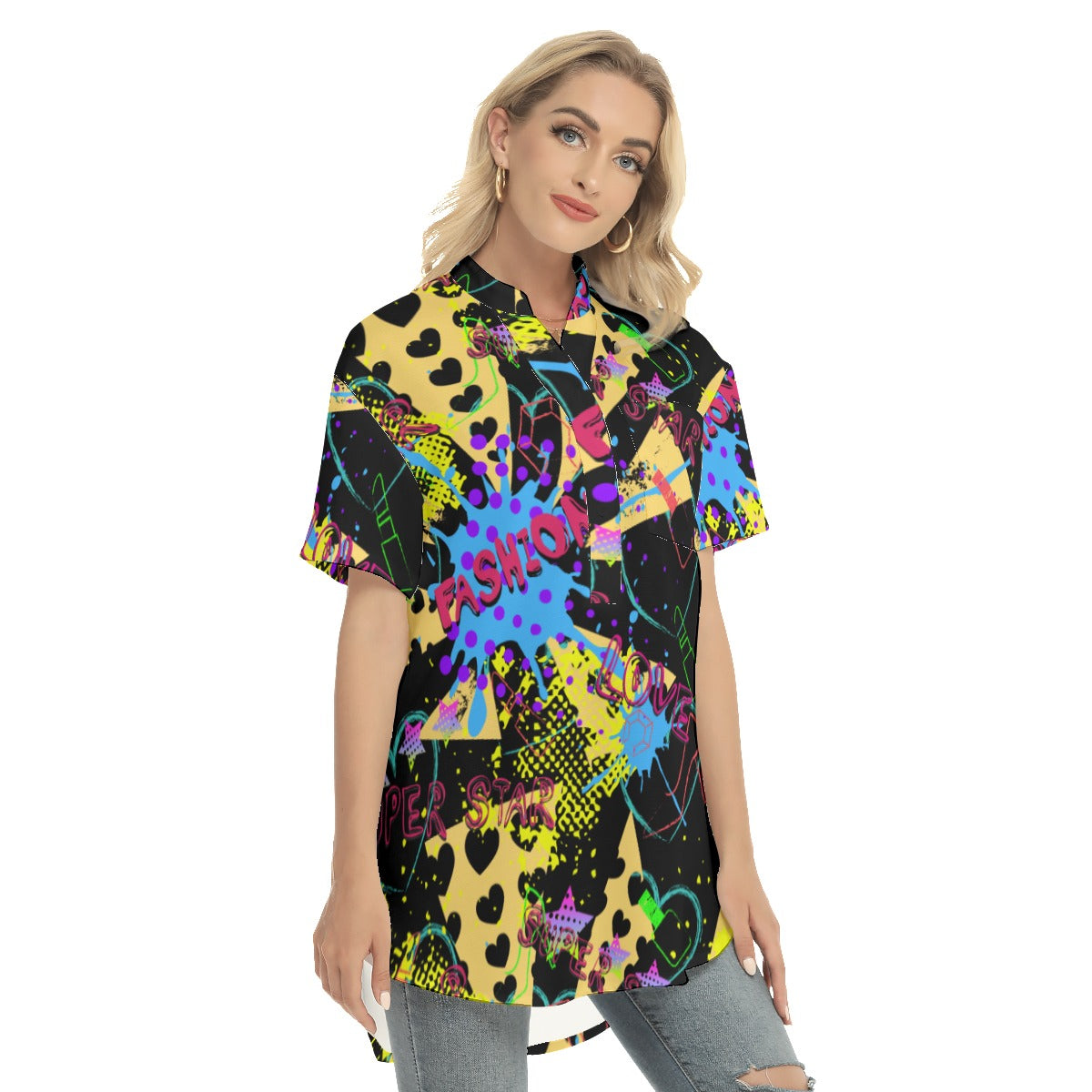 Abstract Women's Stand-up Collar Shirt With Open Button