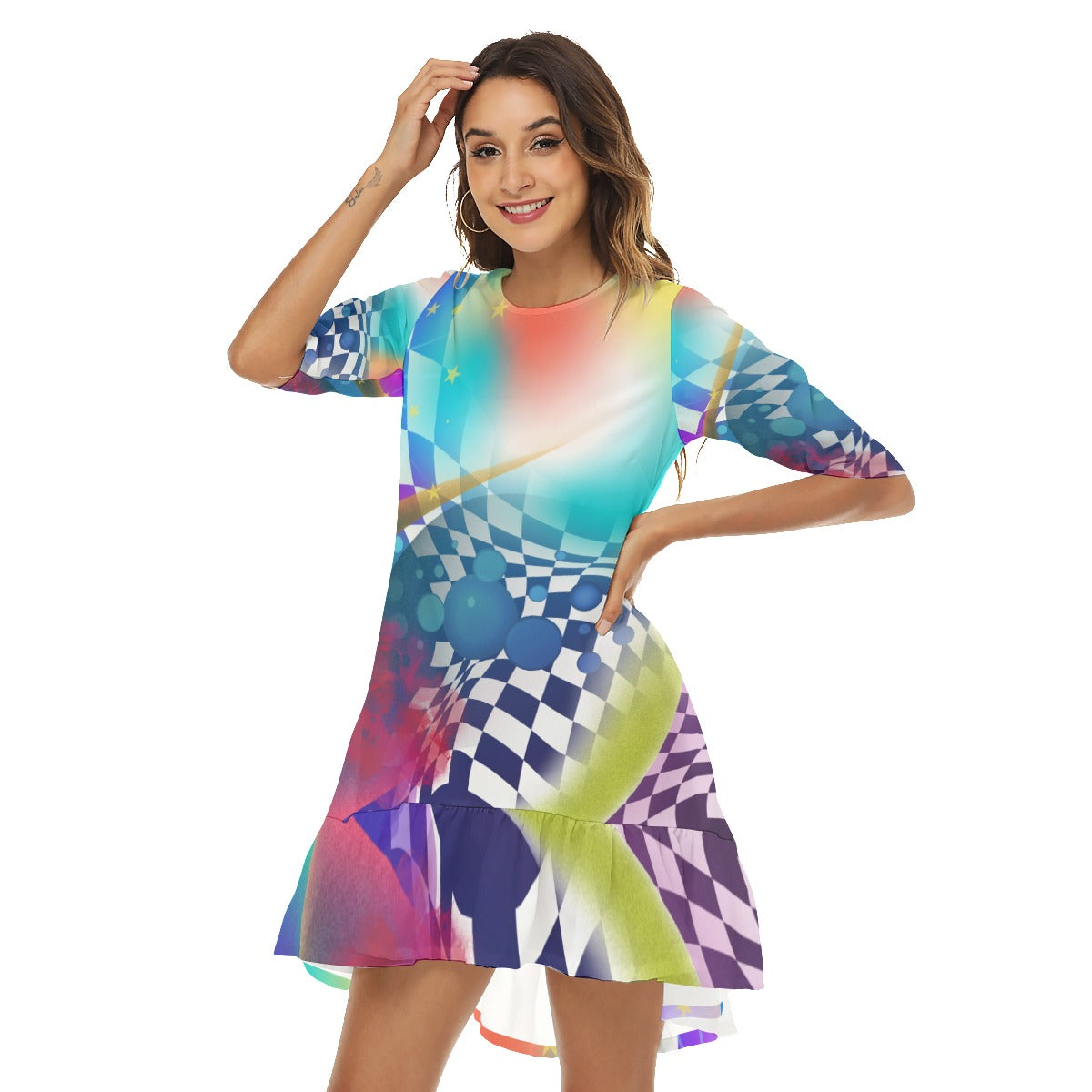 Color abstract  Women's Half Sleeve Dress With Ruffle Hem