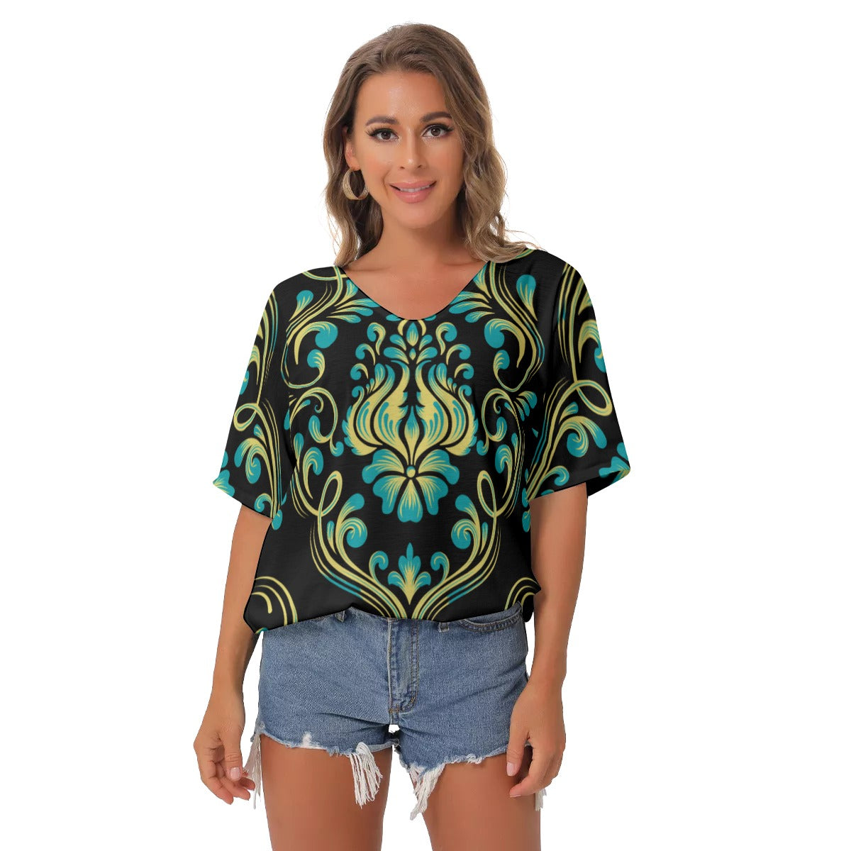 Black and teal baroque All-Over Print Women's Bat Sleeves V-Neck Blouse