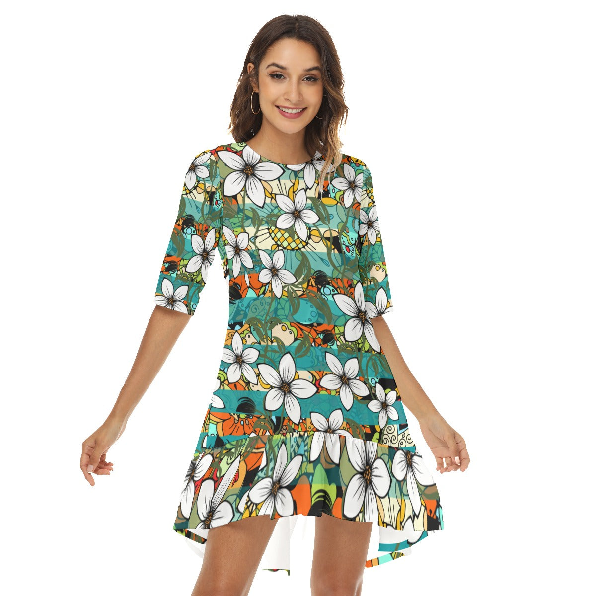 Teal floral Women's Half Sleeve Dress With Ruffle Hem