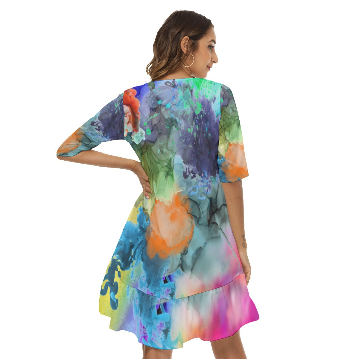 Galaxy watercolor Half Sleeve Dress With Ruffle Hem