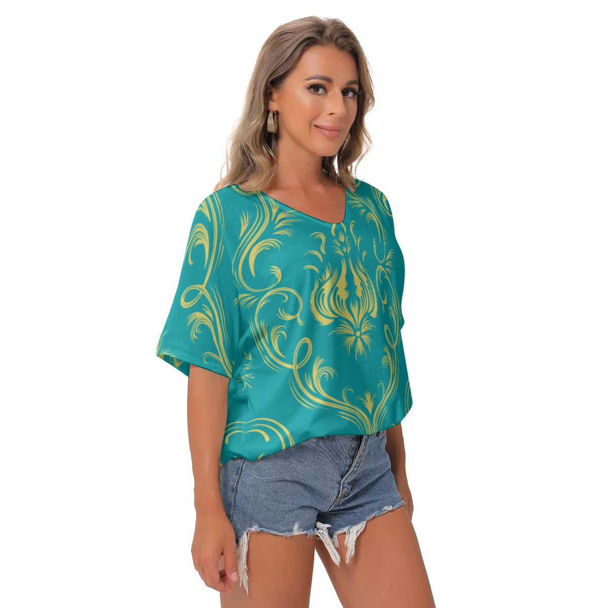 Teal Baroque All-Over Print Women's Bat Sleeves V-Neck Blouse