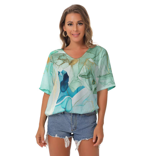 Green abstract All-Over Print Women's Bat Sleeves V-Neck Blouse