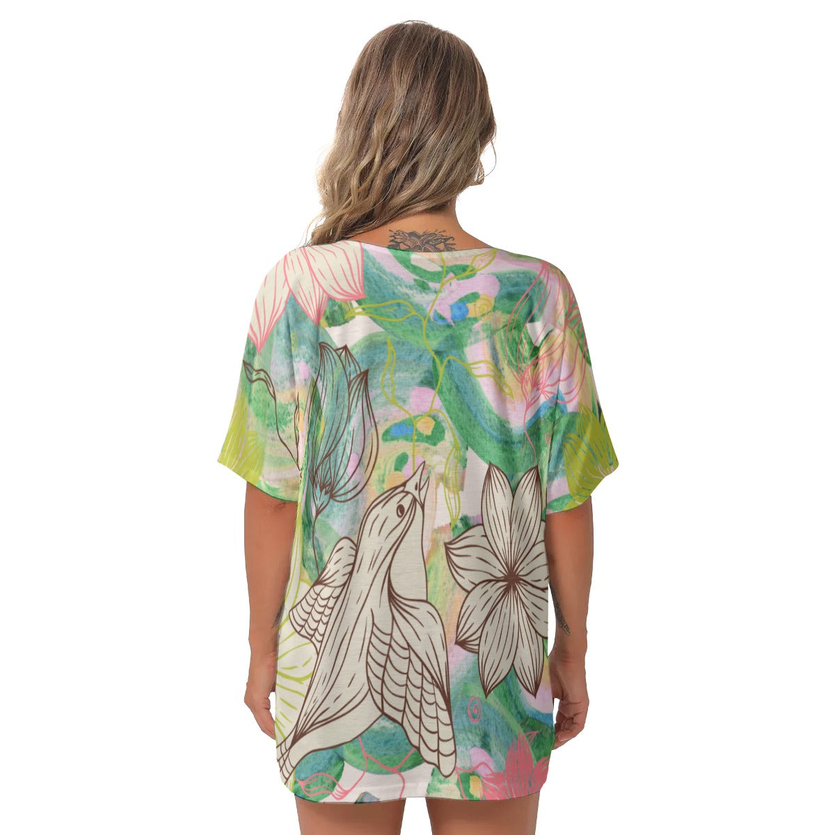 Floral hummingbird All-Over Print Women's Bat Sleeves V-Neck Blouse