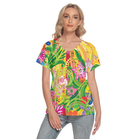 Bright floral  Women's Deep V-neck Short Sleeve T-shirt