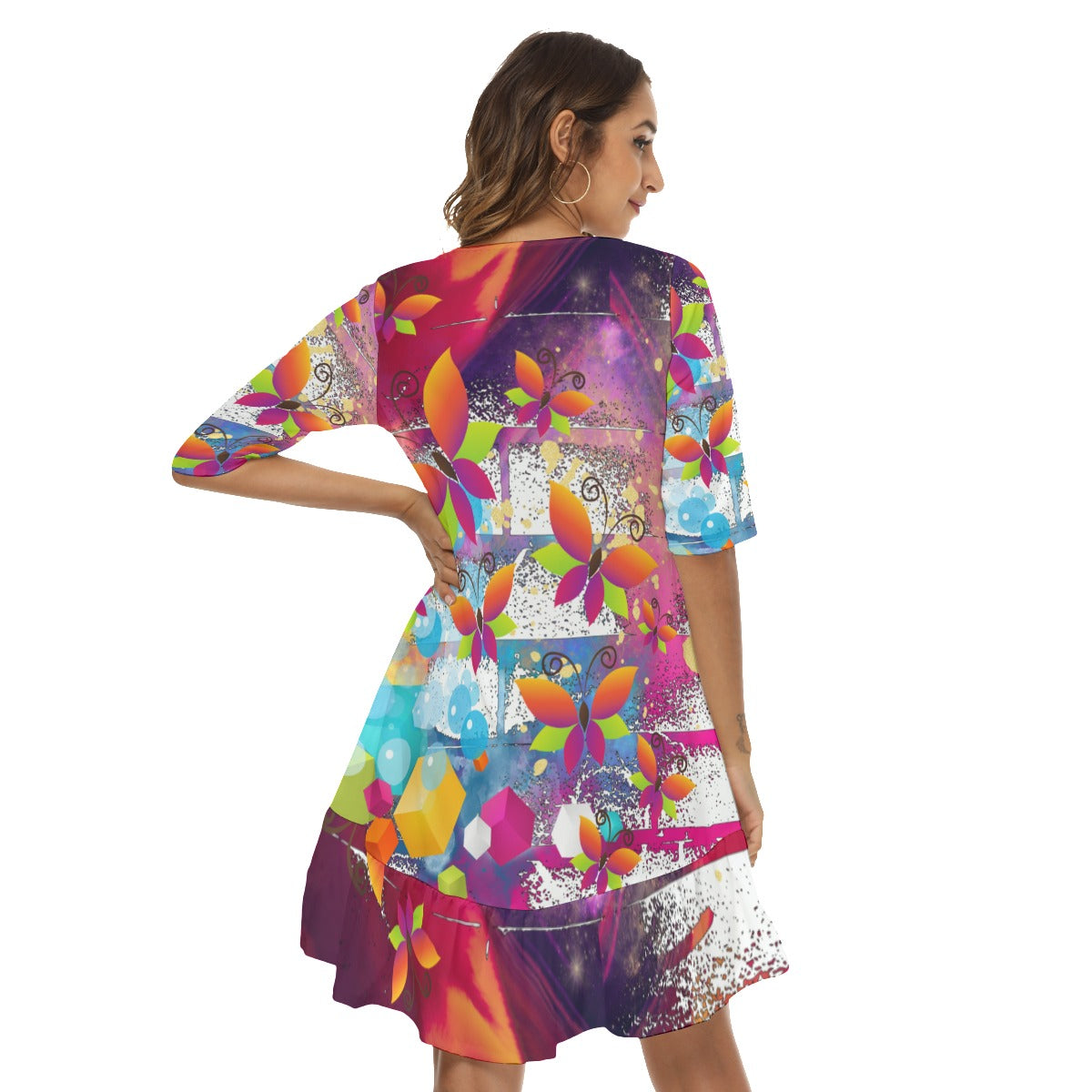 Butterfly madness Half Sleeve Dress With Ruffle Hem