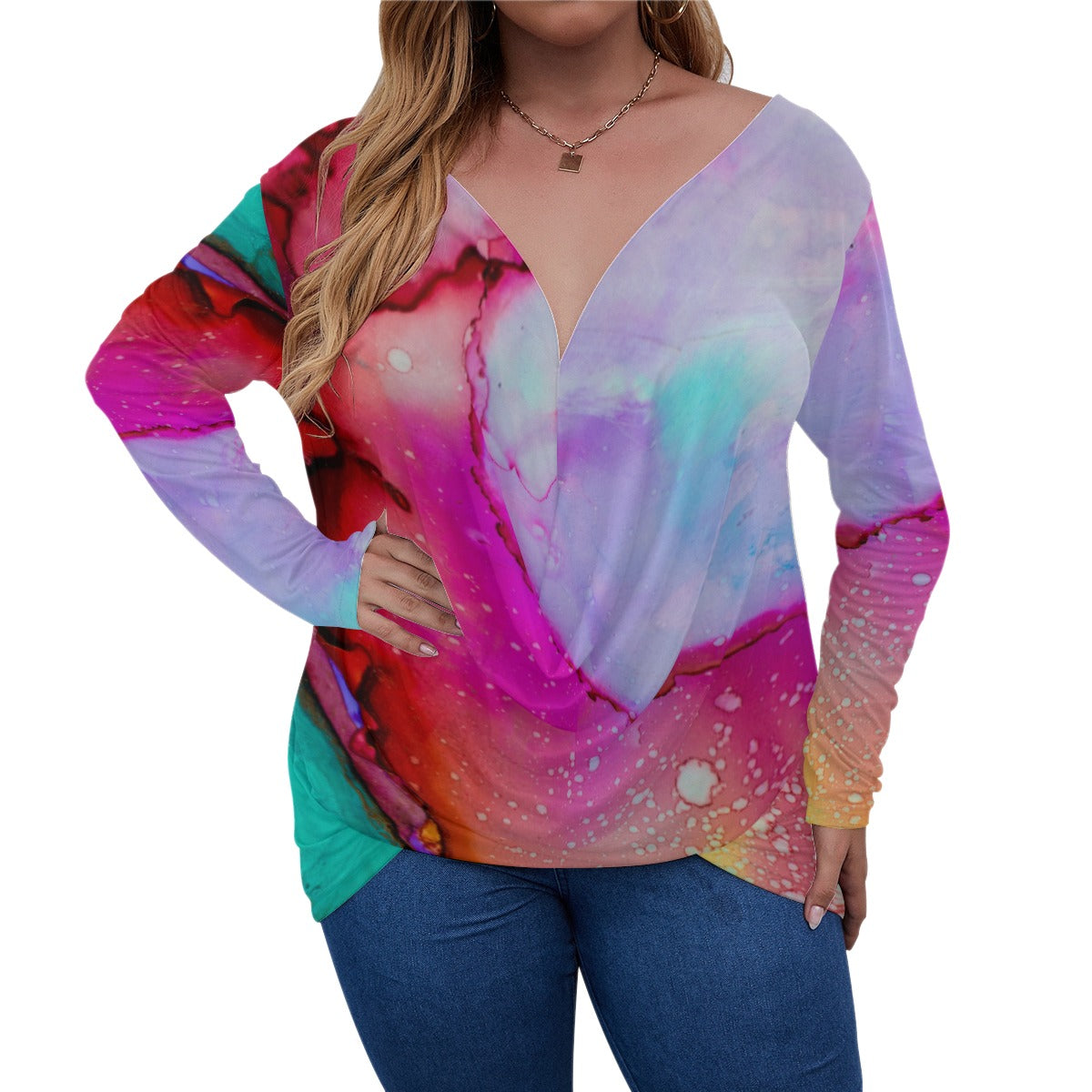 Women's V-neck Plus Draped Longline shirt With Long Sleeve (Plus Size)