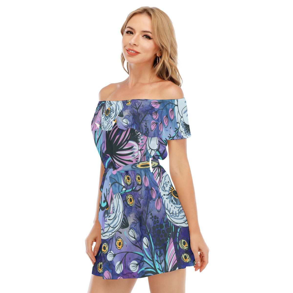 Purple floral All-Over Print Women's Off-shoulder Dress With Ruffle