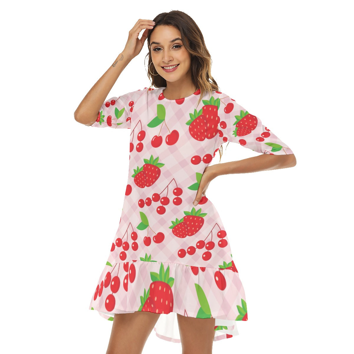 Strawberry and cherry Women's Half Sleeve Dress With Ruffle Hem