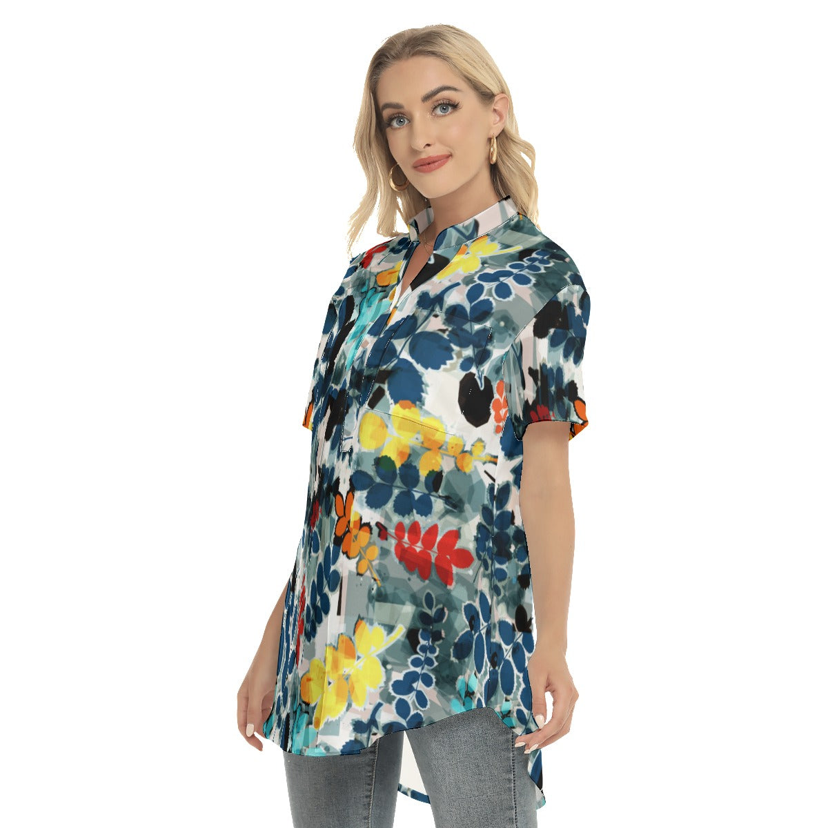 Floral Women's Stand-up Collar Shirt With Open Button