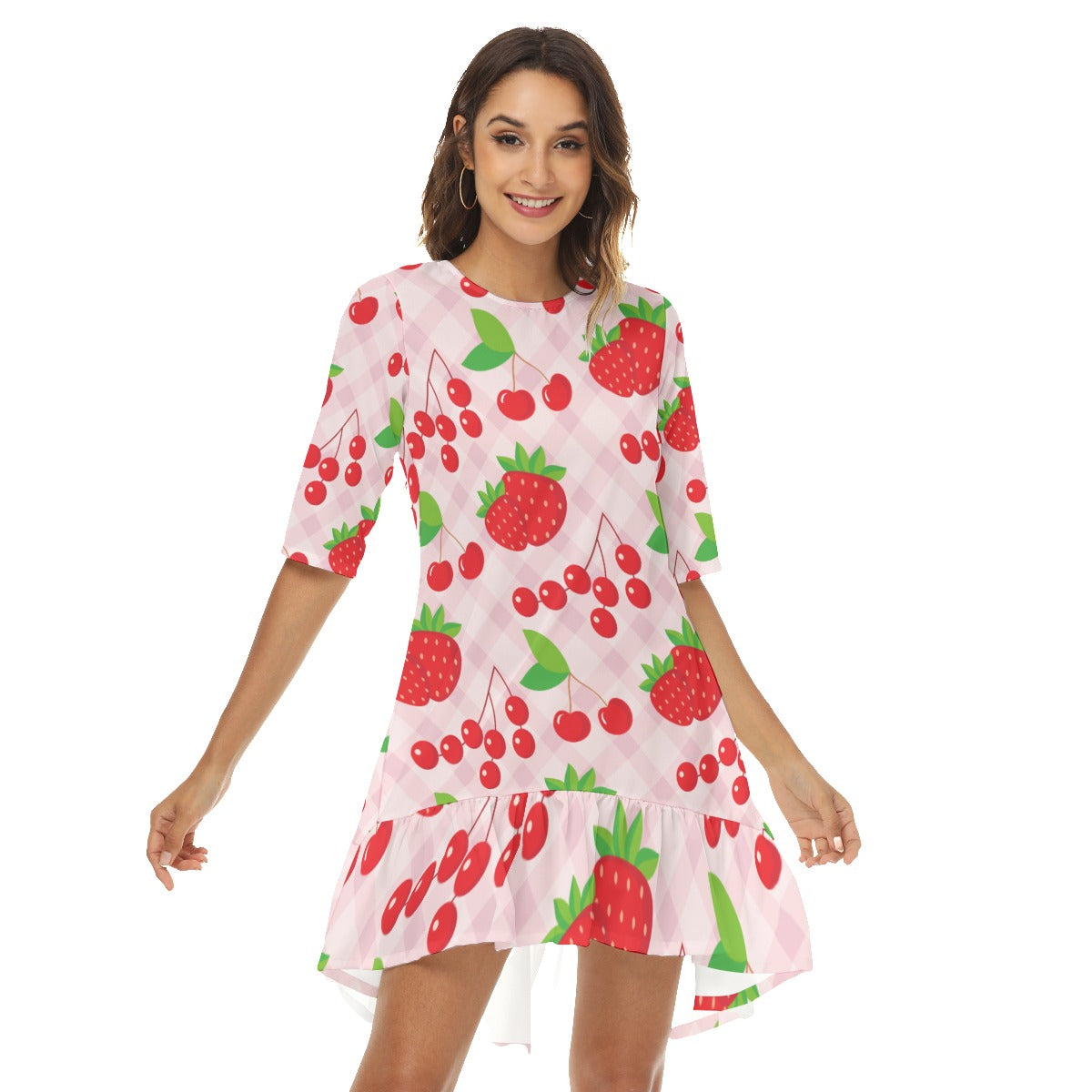 Strawberry and cherry Women's Half Sleeve Dress With Ruffle Hem