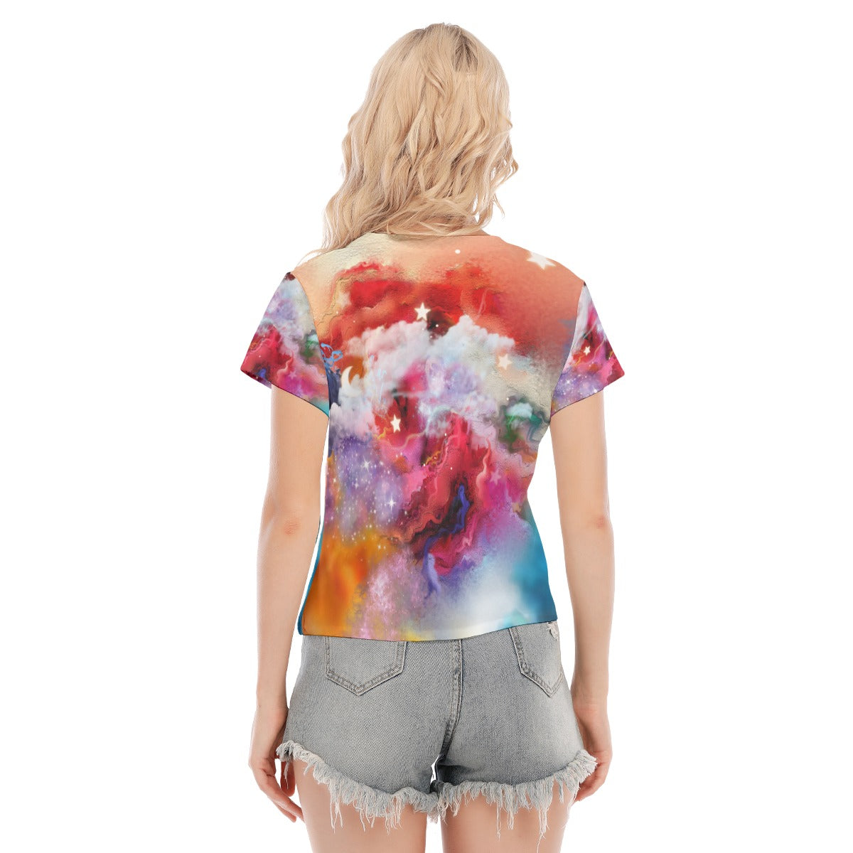 Galaxy All-Over Print Women's Stretch V-Neck Short-Sleeved Blouse