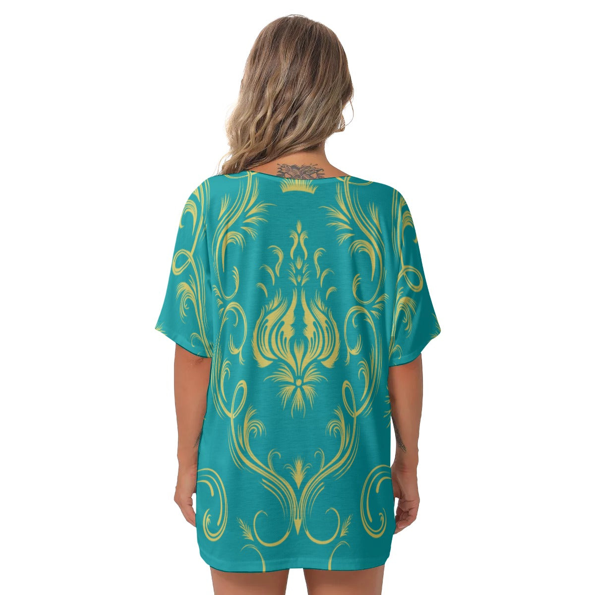 Teal Baroque All-Over Print Women's Bat Sleeves V-Neck Blouse