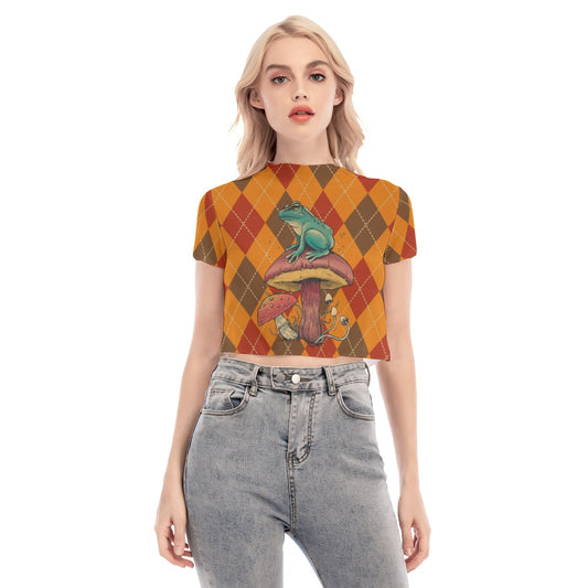 Mushroom and frog  Women's Short Sleeves Mesh Crop Top