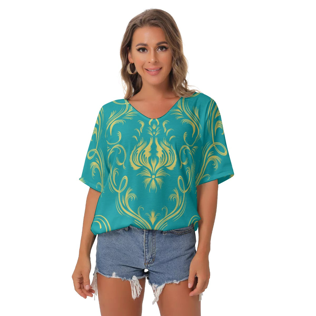 Teal Baroque All-Over Print Women's Bat Sleeves V-Neck Blouse