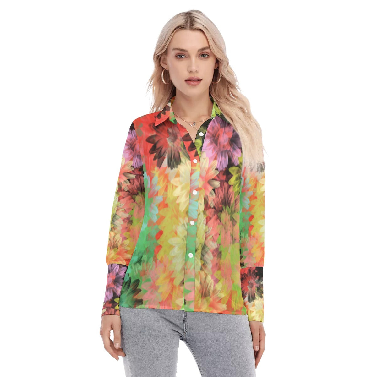 Floral florescent All-Over Print Women's Mesh Blouse