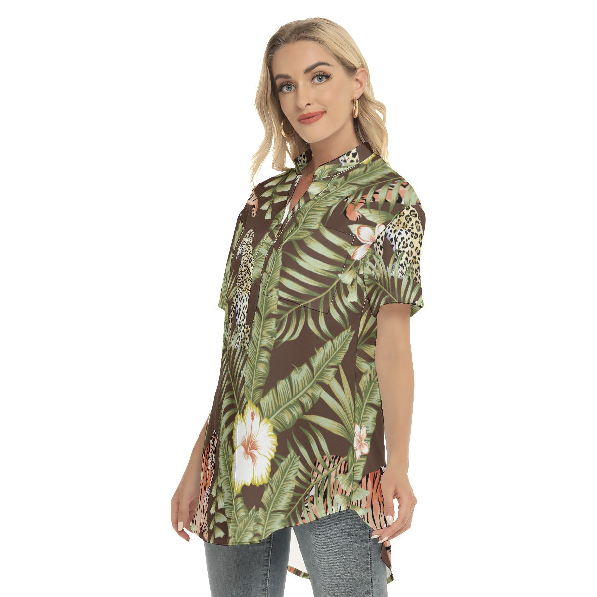 Tropical  Women's Stand-up Collar Shirt With Open Button