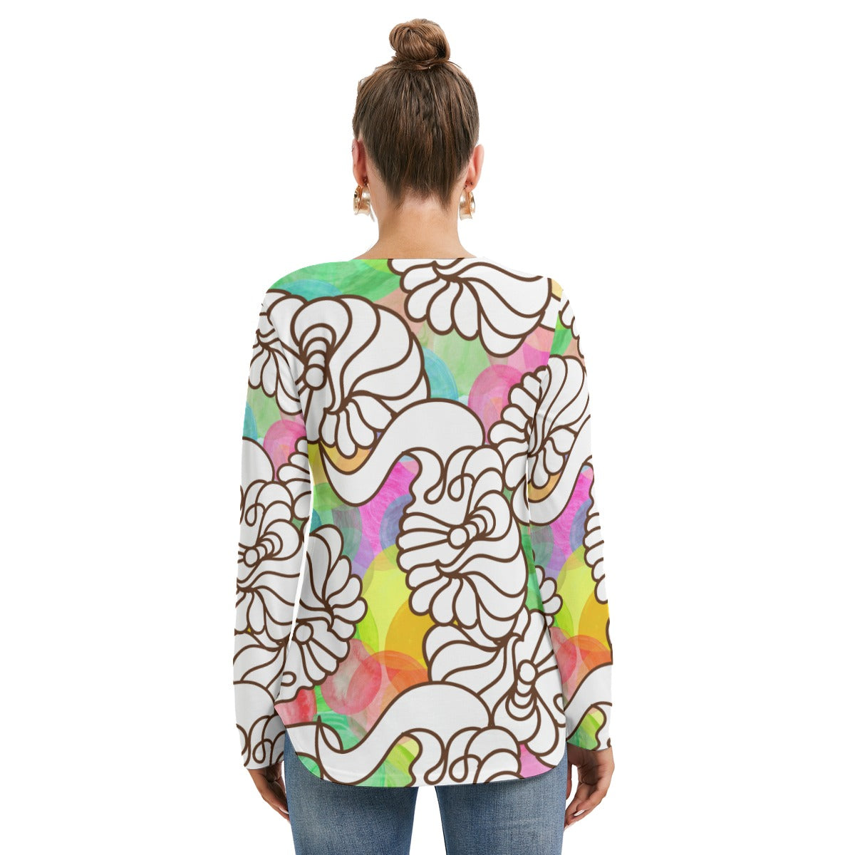 Color bubbles and shapes All-Over Print Women's Long Sleeve Neckline Tie shirt