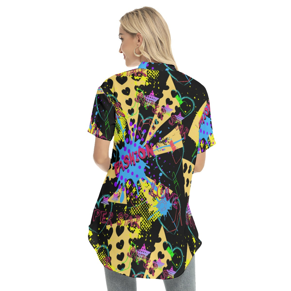 Abstract Women's Stand-up Collar Shirt With Open Button