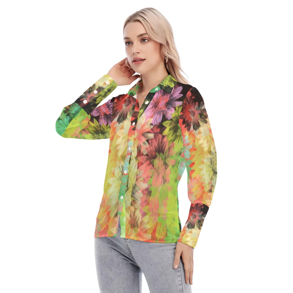 Floral florescent All-Over Print Women's Mesh Blouse