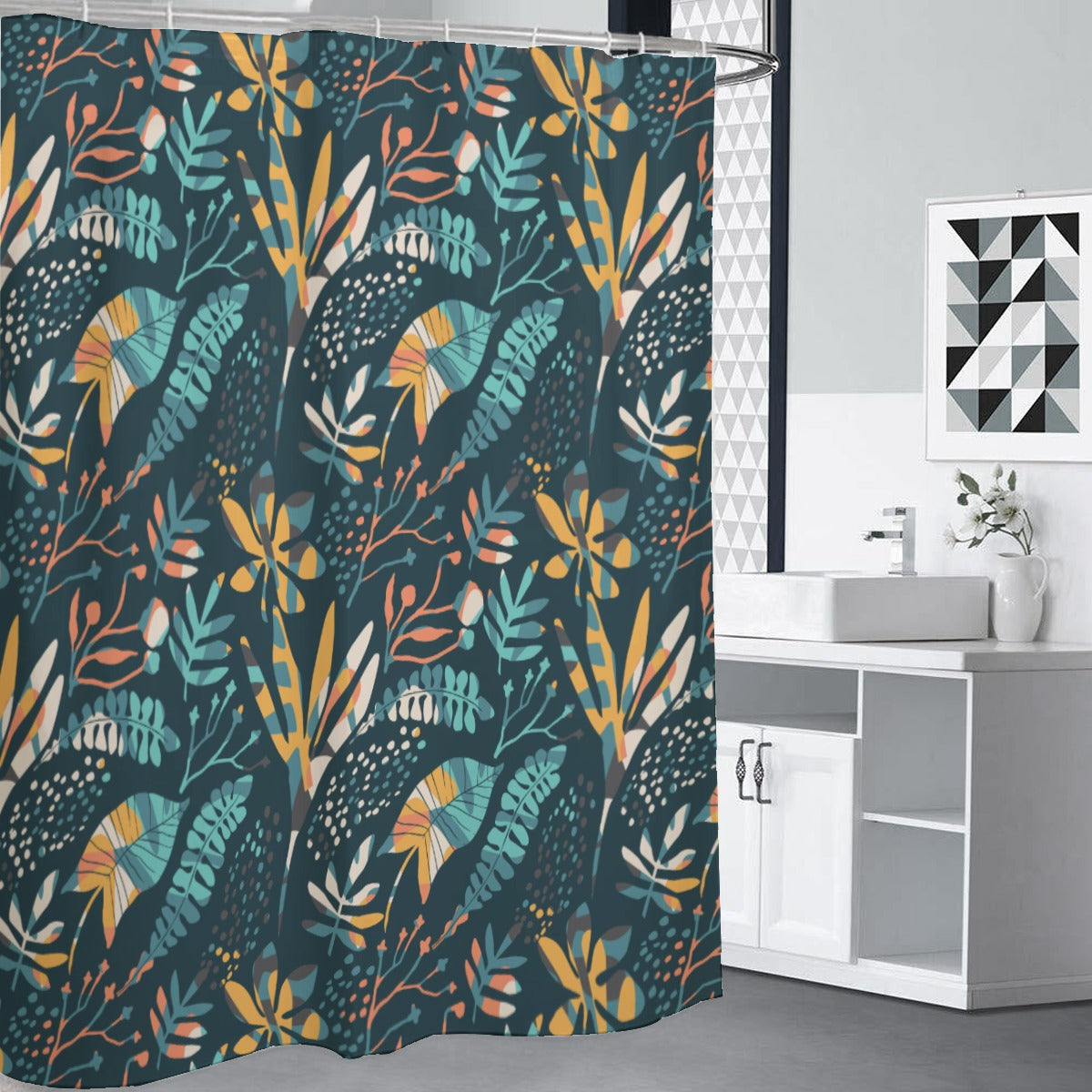 Teal tropical pattern polyester Shower Curtains 150（gsm）