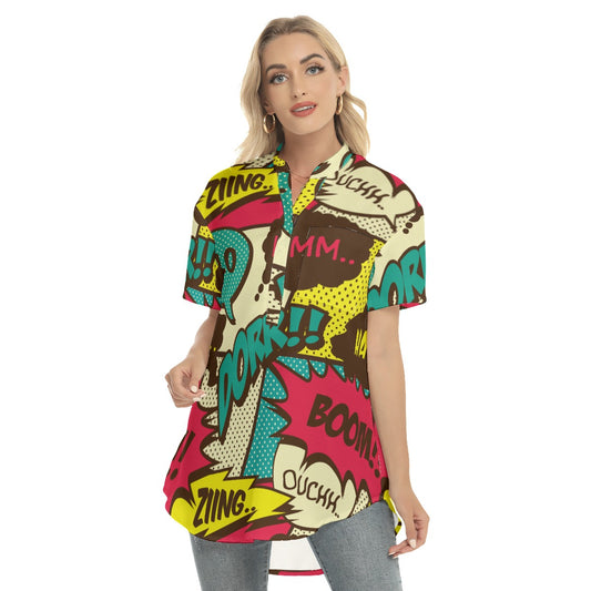 Comic book style Women's Stand-up Collar Shirt With Open Button