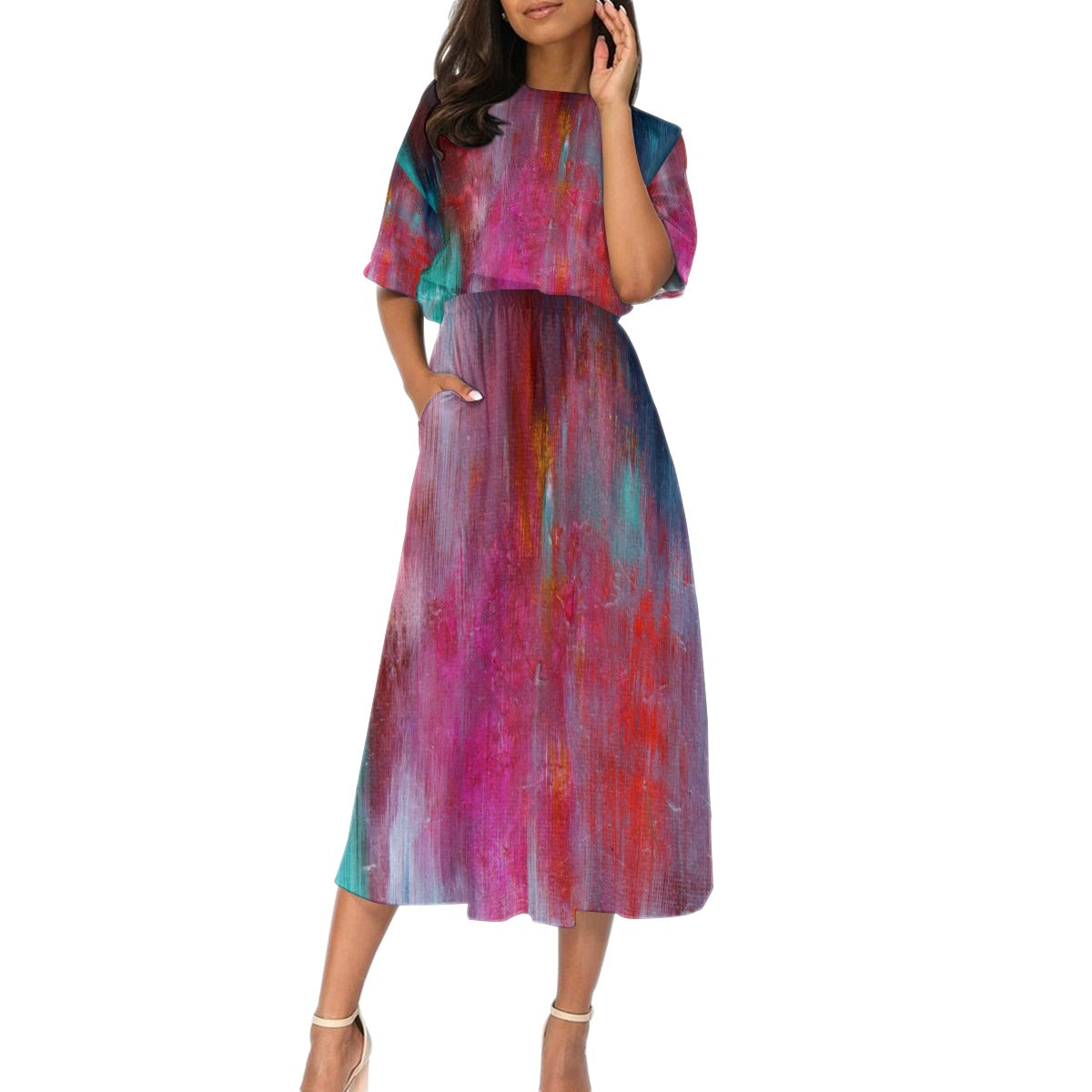 Pink abstract texture All-Over Print Women's Elastic Waist Dress